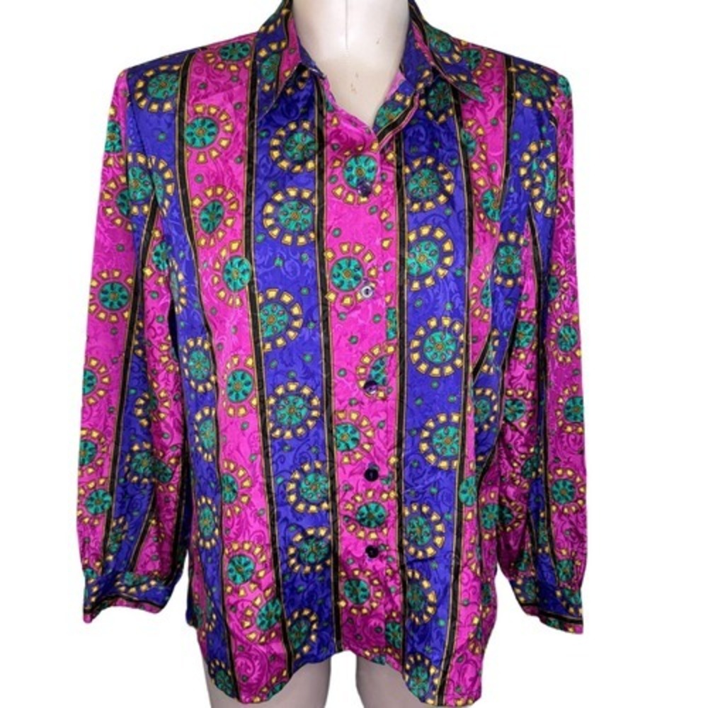 Vintage Alia Petite Women's Size 12 Button Up Blouse 100% Polyester Colorful Fun